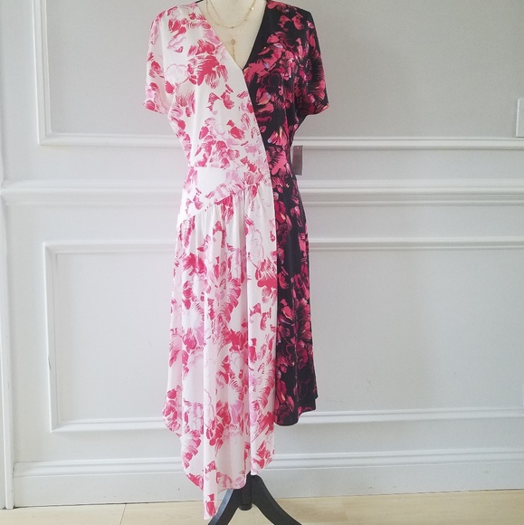 Asymmetrical Dual Floral Print Silk Dress - Picture 8 of 8